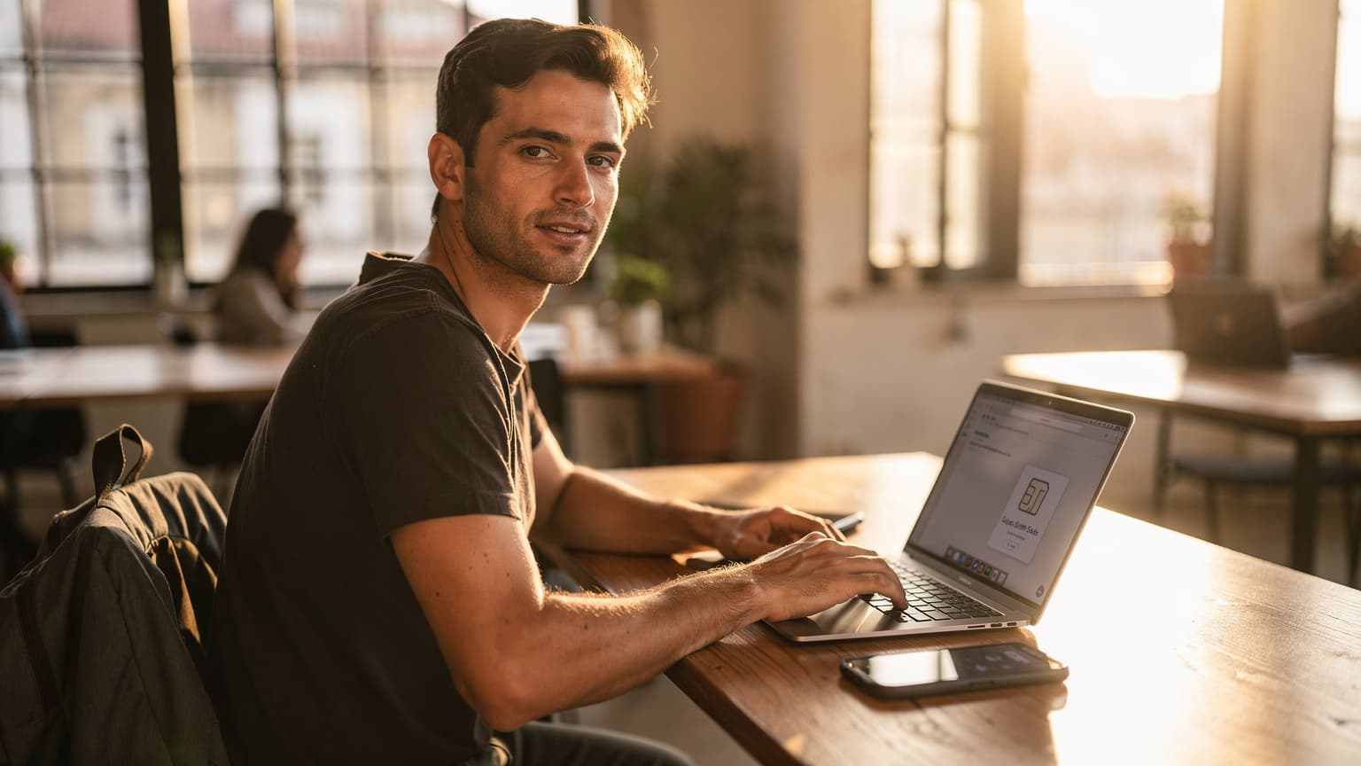 A digital nomad in a co-working space in Lisbon's Cais do Sodré district, looking at a laptop with a smartphone featuring an eSIM interface next to it, bathed in warm afternoon light.