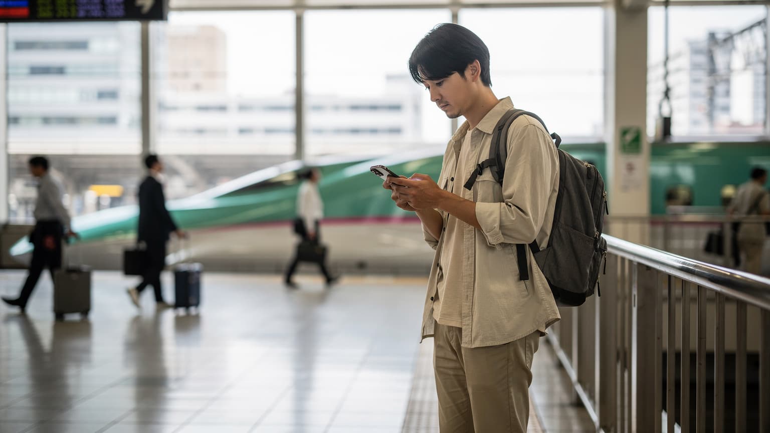 お盆休みに東京駅から出発する旅行者が、スマートフォンでeSIMの設定画面を確認している様子。片手にはパスポートと搭乗券。