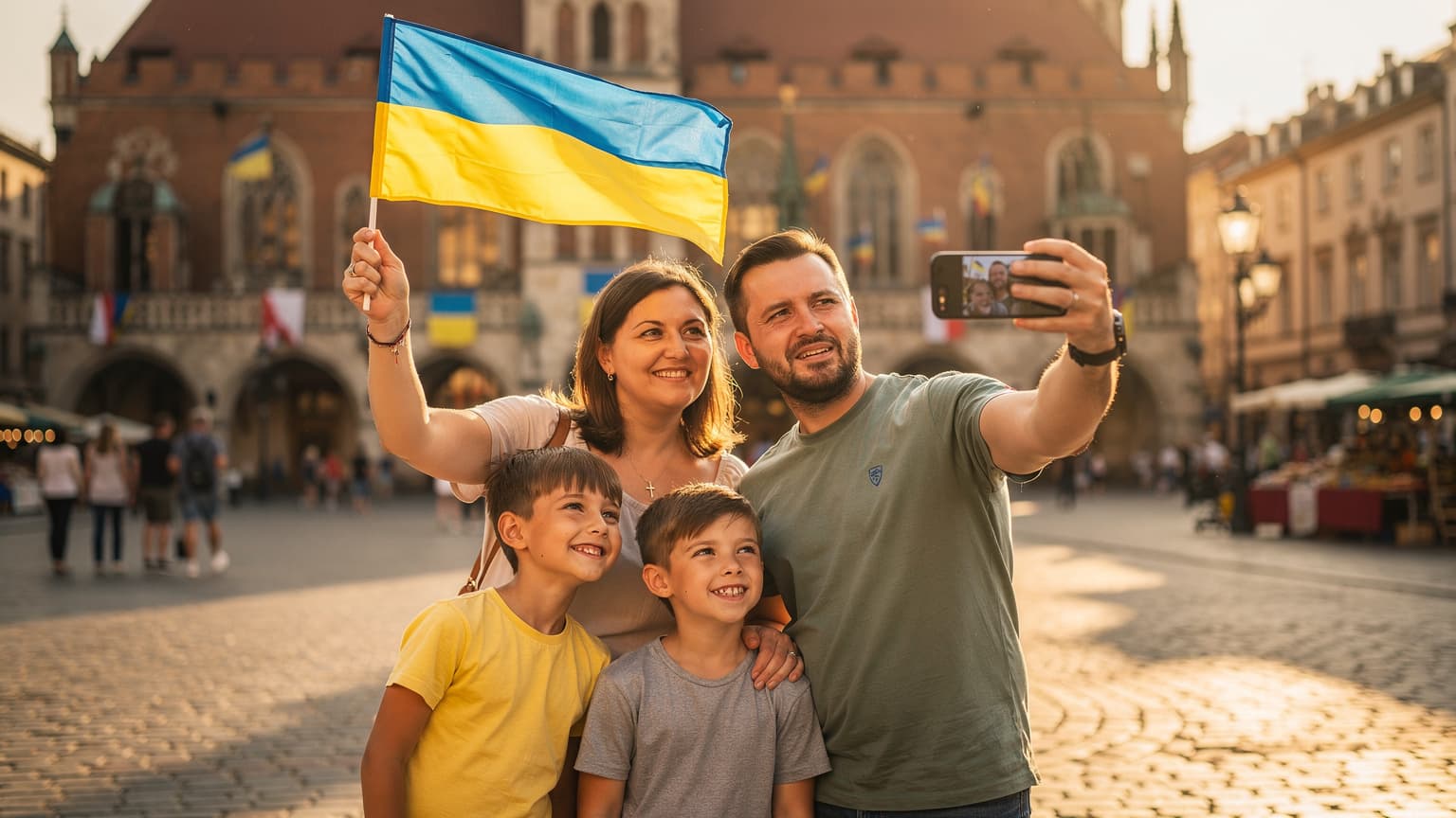 Українська родина святкує День Державності України за кордоном, тримаючи невеликий прапор і спілкуючись по відеозв'язку з родичами, на задньому плані видно місцеву визначну пам'ятку.
