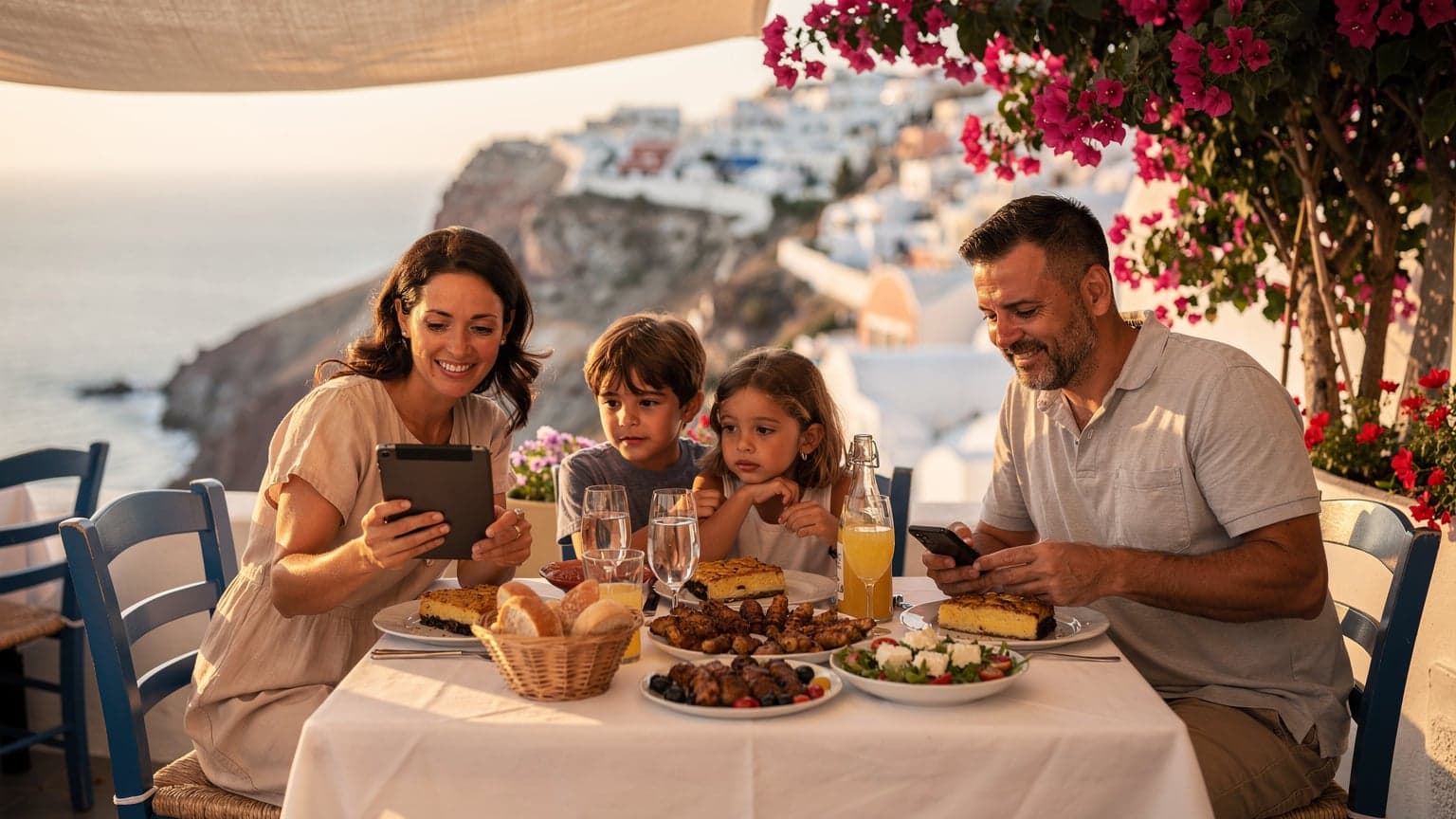 Una famiglia italiana, padre, madre e due bambini, seduti a un tavolo all'aperto in una taverna greca, sorridono mentre guardano un tablet. La madre mostra qualcosa sullo schermo ai bambini, mentre il padre ha il suo smartphone in mano, con piatti tipici greci e bevande rinfrescanti sul tavolo.