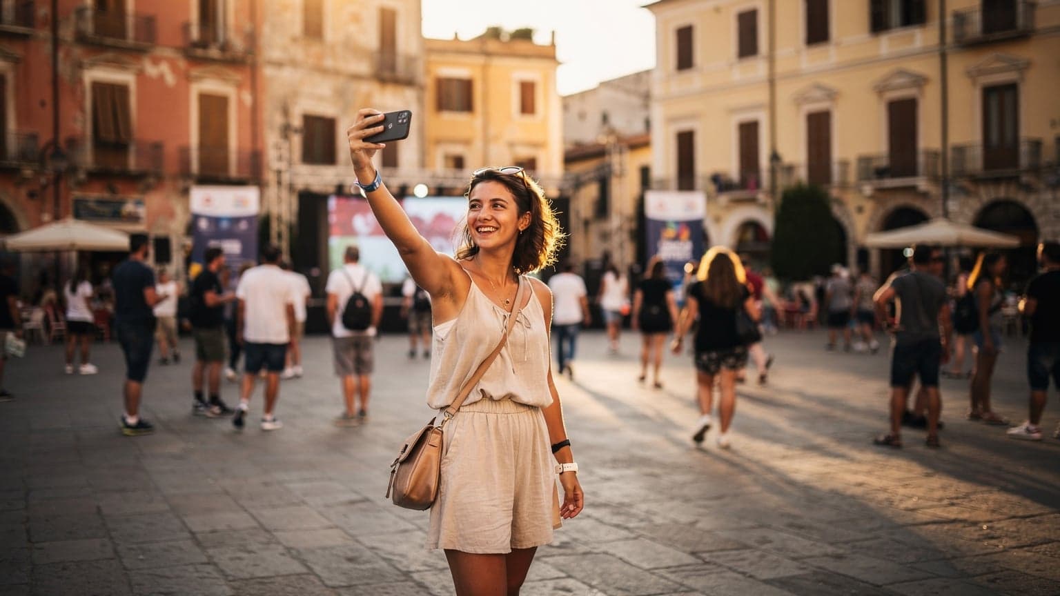 Una giovane donna entusiasta scatta una foto con il suo smartphone nella piazza principale di Giffoni Valle Piana, con lo sfondo del Festival che brulica di attività e schermi cinematografici.