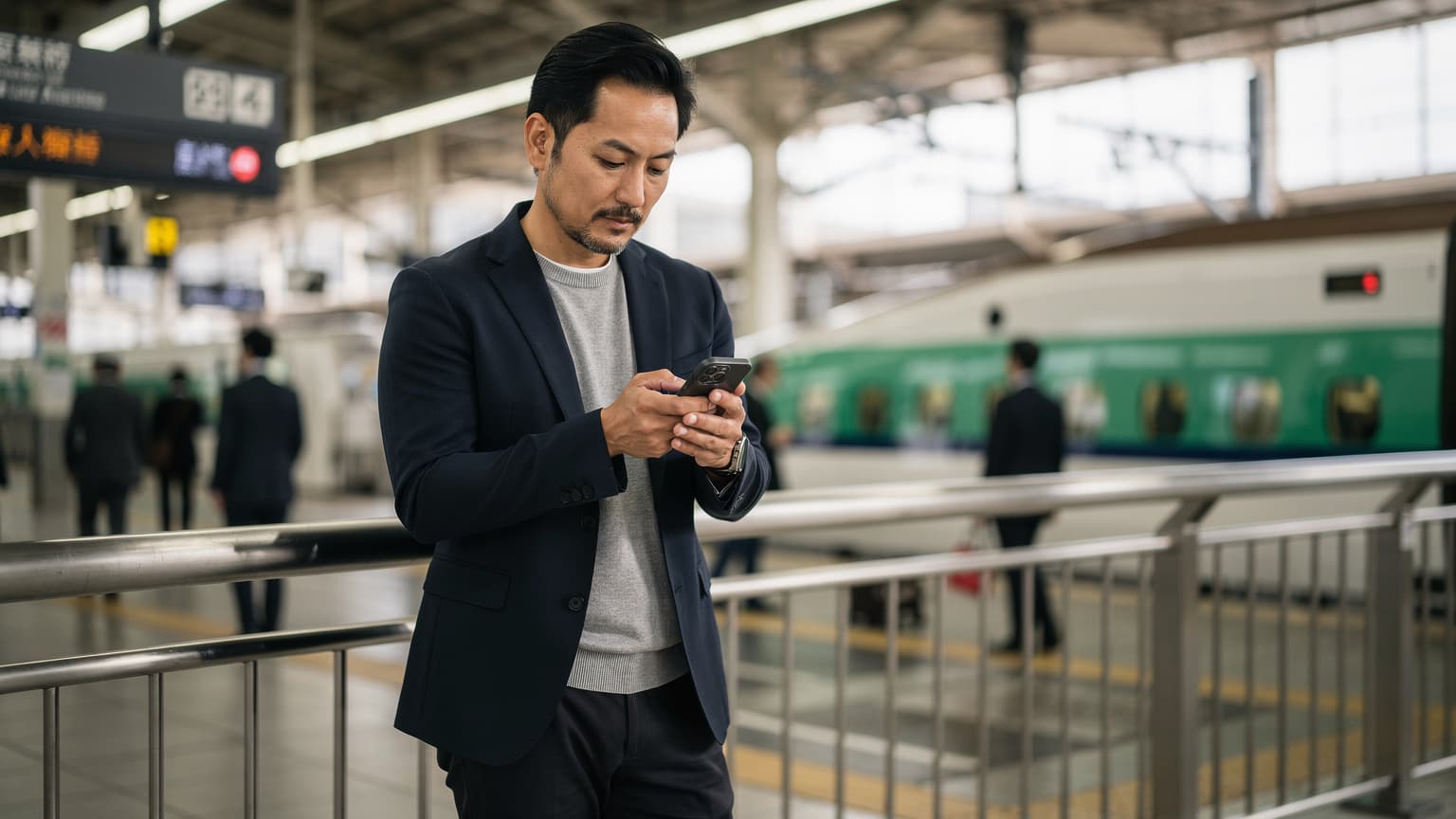 東京駅から新幹線に乗る前にスマートフォンでeSIMの設定を確認するビジネスパーソン。
