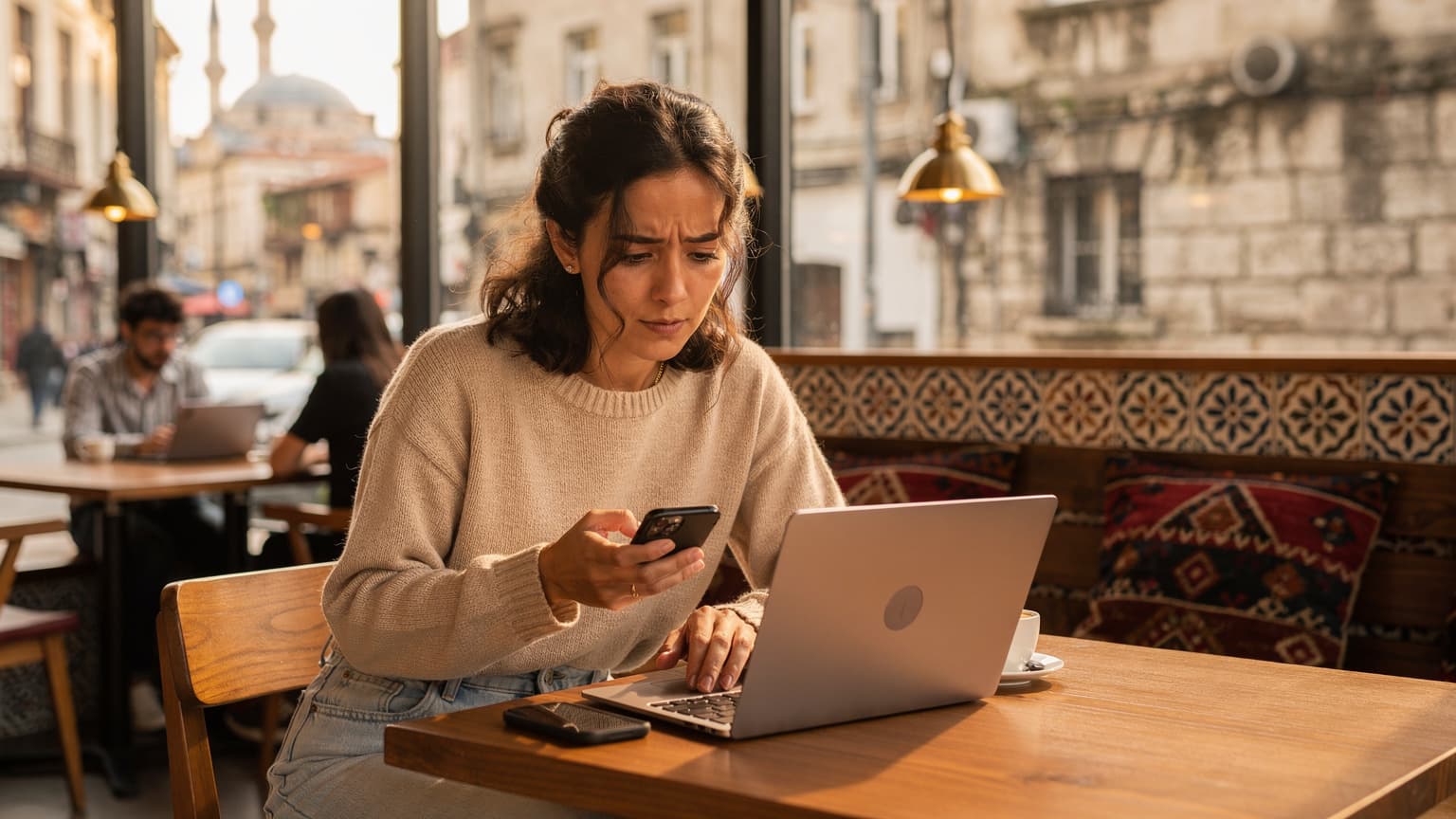 İstanbul'un Karaköy semtindeki bir kafede, pencereden dışarıya bakarak dizüstü bilgisayarında çalışan bir kadın, elinde akıllı telefonuyla eSIM kurulumunu kontrol ediyor.