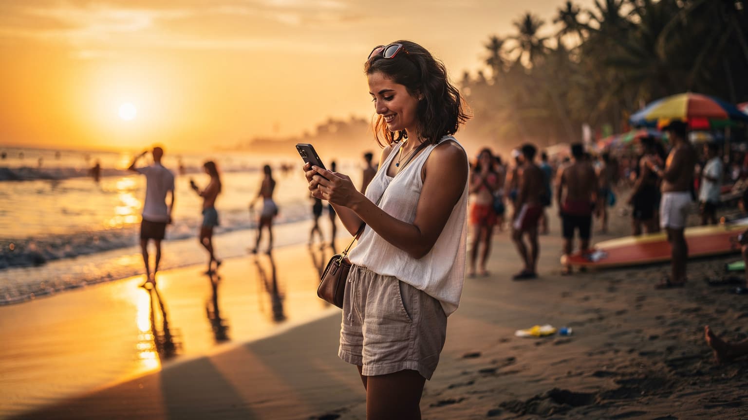 Seorang wisatawan muda tersenyum menggunakan ponselnya di tengah keramaian Pantai Kuta Bali saat matahari terbenam, dengan latar belakang ombak dan kerumunan orang.