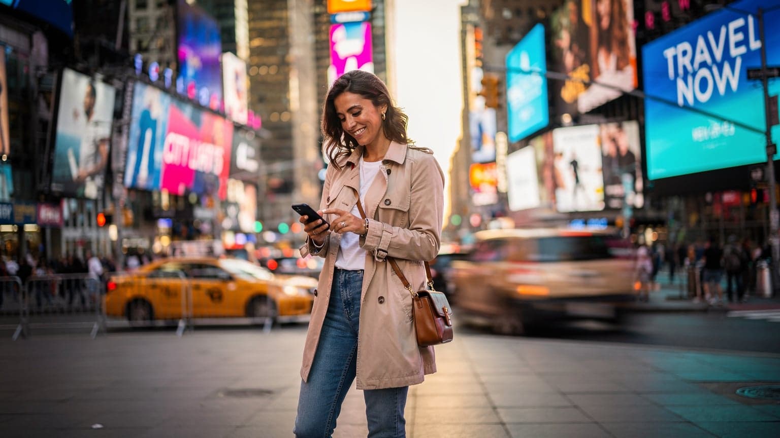 Una viaggiatrice italiana sorride mentre naviga sul suo smartphone con un'eSIM a Times Square, New York, con lo sfondo dei cartelloni luminosi.