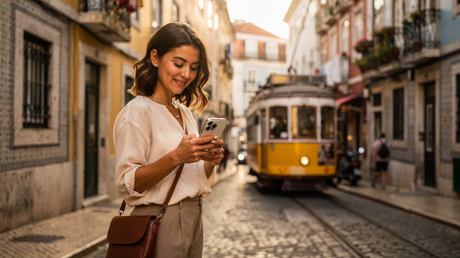 A woman confidently navigating her iPhone on a bustling street in Lisbon, Portugal, with historic trams passing by.