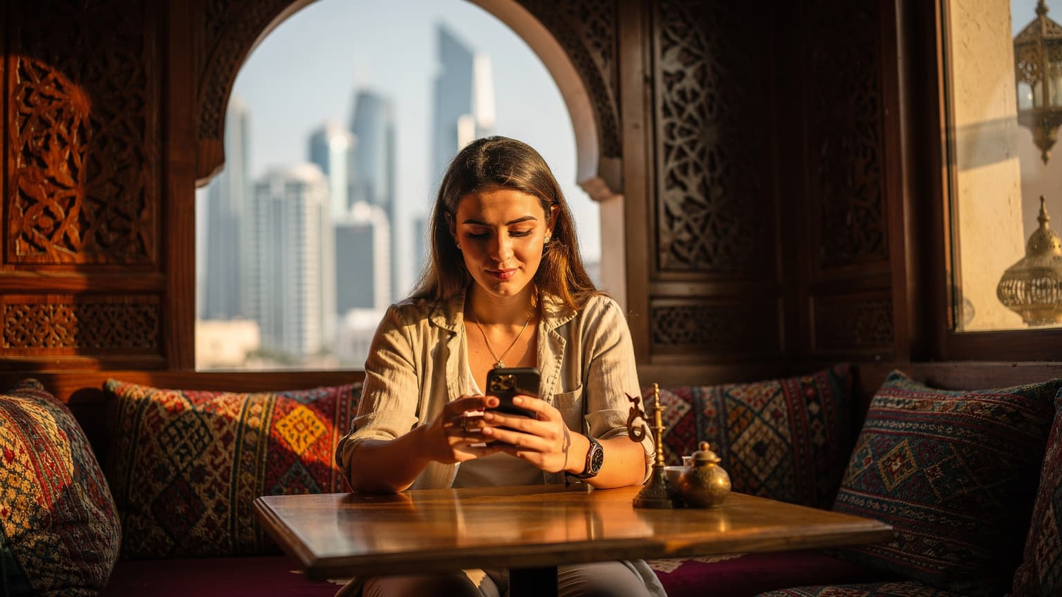 شابة تحمل هاتفها الذكي وتتصفح الخريطة الرقمية بينما تجلس في مقهى تقليدي في المنامة، البحرين، مع أبراج خليج البحرين في الخلفية.