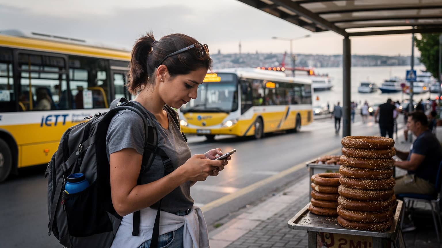 O tânără călătoare româncă verifică orarul autobuzelor pe telefon, așteptând la o stație aglomerată din Kadıköy, Istanbul, cu feriboturile pe fundal.