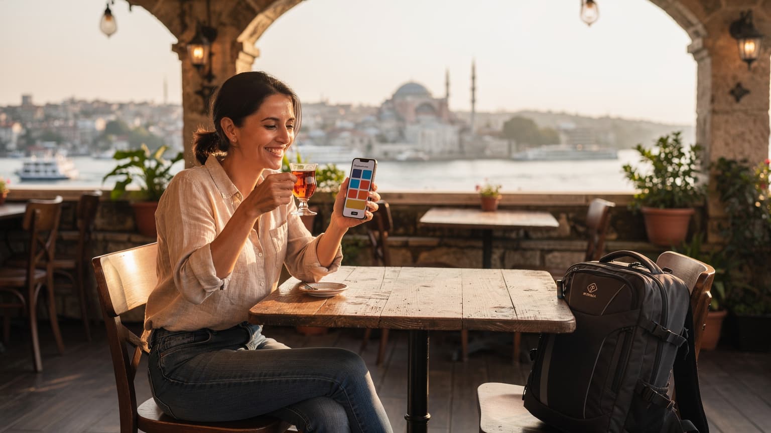 Una mujer nómada digital sonríe mientras toma té turco en una terraza con vistas al Bósforo en Estambul, con su teléfono mostrando la pantalla de una eSIM activa.