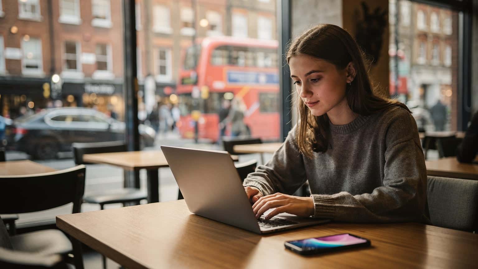 Studentka z Polski, Magdalena, siedzi w kawiarni w londyńskiej dzielnicy Shoreditch, używając laptopa i smartfona, z widokiem na typową ulicę z czerwoną cegłą, w tle. Odzwierciedla to wyzwania związane z utrzymaniem łączności podczas studiów za granicą.