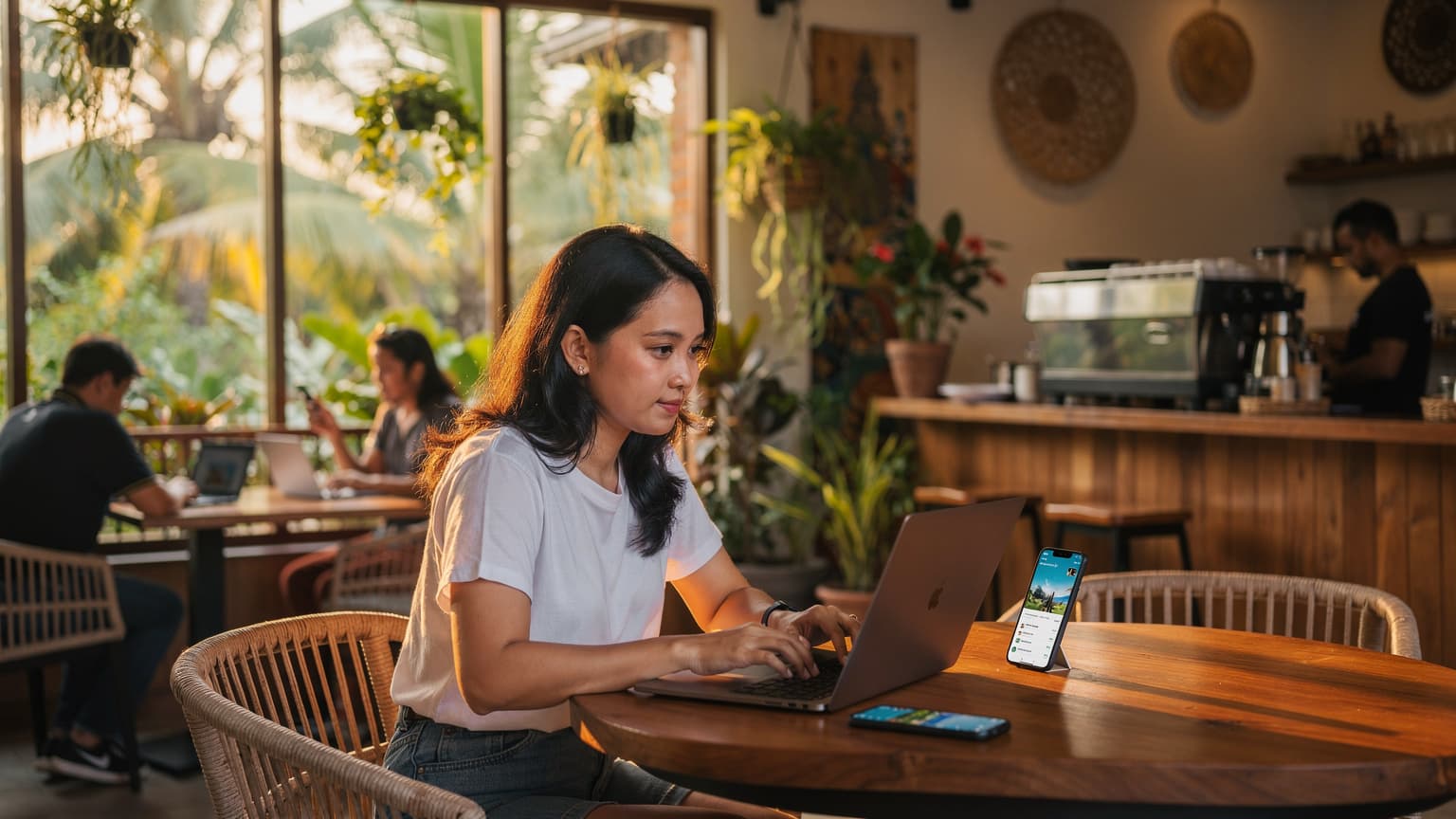 Seorang wanita digital nomad sedang bekerja di sebuah kafe yang ramai di kawasan Ubud, Bali, dengan laptop dan smartphone di meja, menunjukkan aktivitas multitasking dan konektivitas. Cahaya matahari pagi menembus jendela.