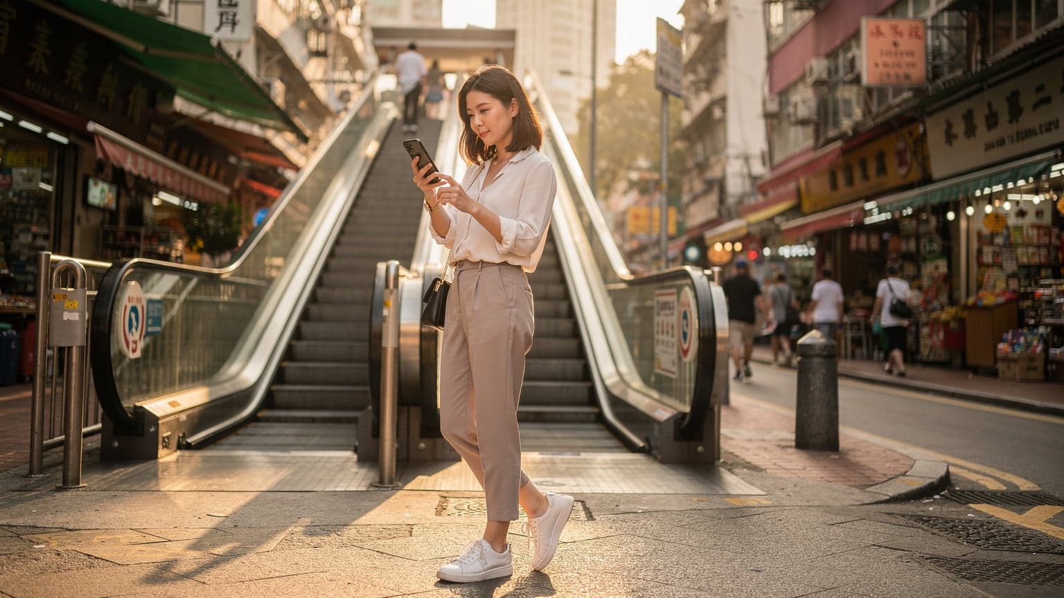 一名女性在香港中环半山扶梯旁使用手机查看地图,背景是繁忙的城市街道和高楼大厦,阳光透过缝隙洒在她身上。