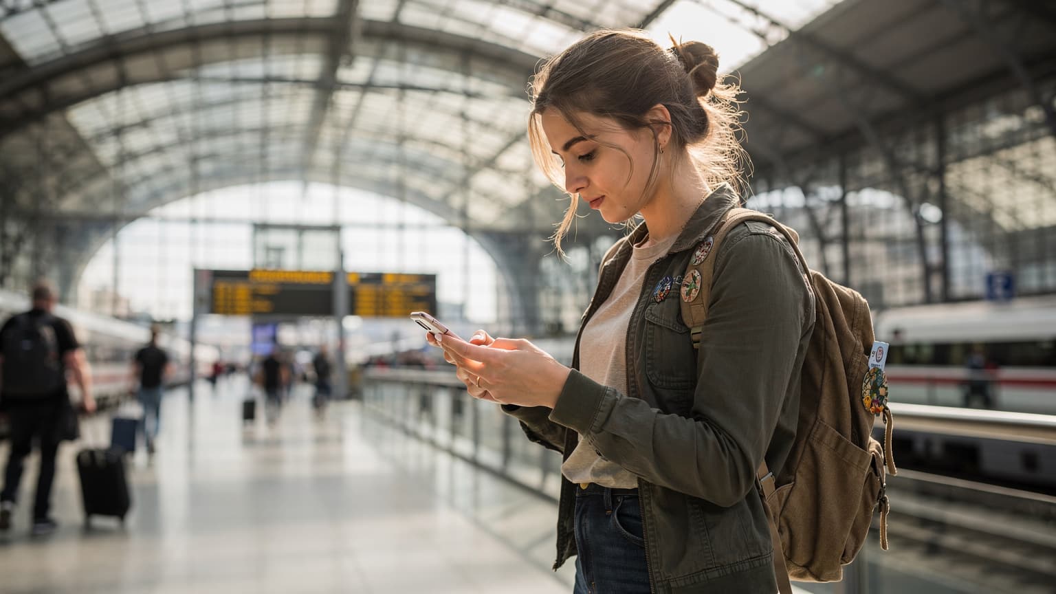 A budget backpacker in a bustling European train station, checking their phone for T-Mobile eSIM QR code activation before boarding a train.