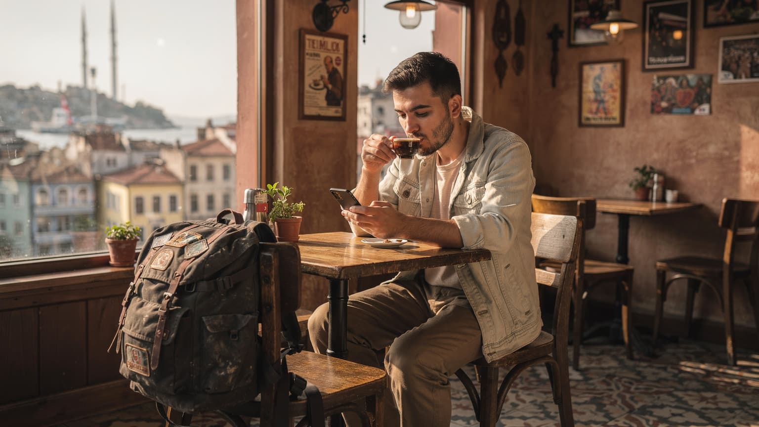 İstanbul'da tarihi yarımada manzaralı bir kafede oturan genç bir gezgin, kahve yudumlarken akıllı telefonunda eSIM.io uygulamasını kontrol ediyor. Gözlerinde maliyetleri optimize etme odaklı bir ifade var.