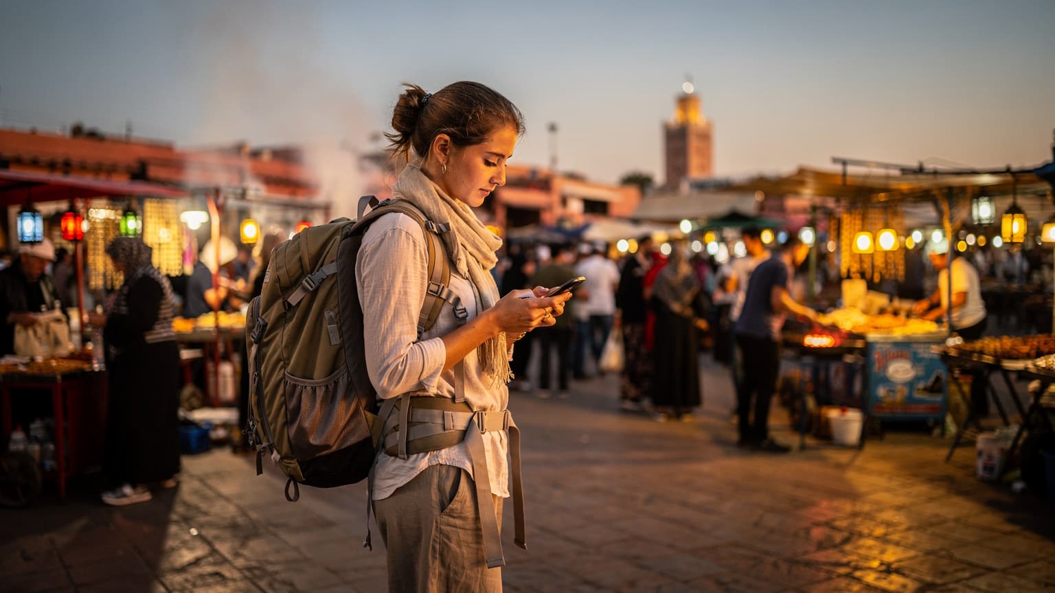 Młoda kobieta z plecakiem, wpatrująca się w ekran telefonu, stojąca na tle tętniącego życiem Placu Dżemaa el-Fna w Marrakeszu, z charakterystycznymi straganami i minaretem Koutoubia w oddali.