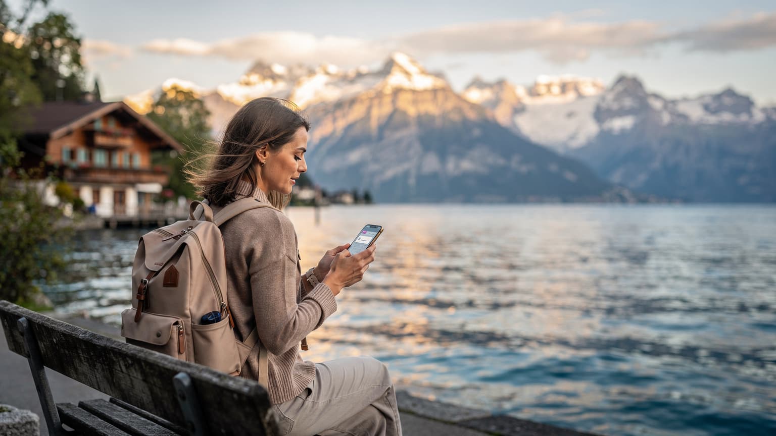 Une voyageuse assise sur un banc en bois, contemplant le lac Léman avec les Alpes en arrière-plan, son smartphone à la main, vérifiant sa connexion eSIM à Montreux.