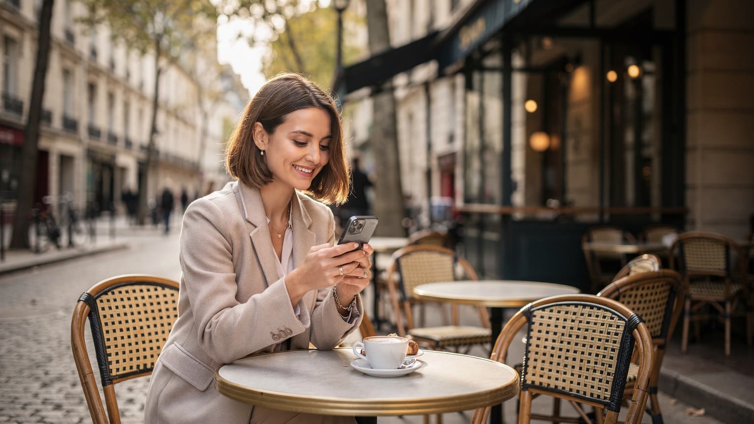 Une jeune femme souriante, assise à la terrasse d'un café parisien typique, les rues pavées et les bâtiments haussmanniens en arrière-plan, tient son nouvel iPhone à la main, vérifiant la connexion après un transfert d'eSIM réussi.