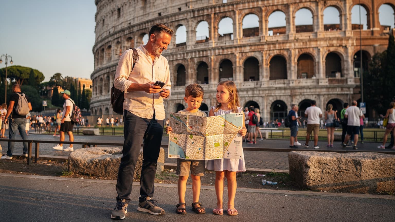 Roma'daki Kolezyum'un önünde, öğleden sonra güneşinde parlayan, bir elinde cep telefonu tutan bir baba ve iki çocuğu. Çocuklar haritaya bakarken, baba telefonunda bir ayar kontrol ediyor.