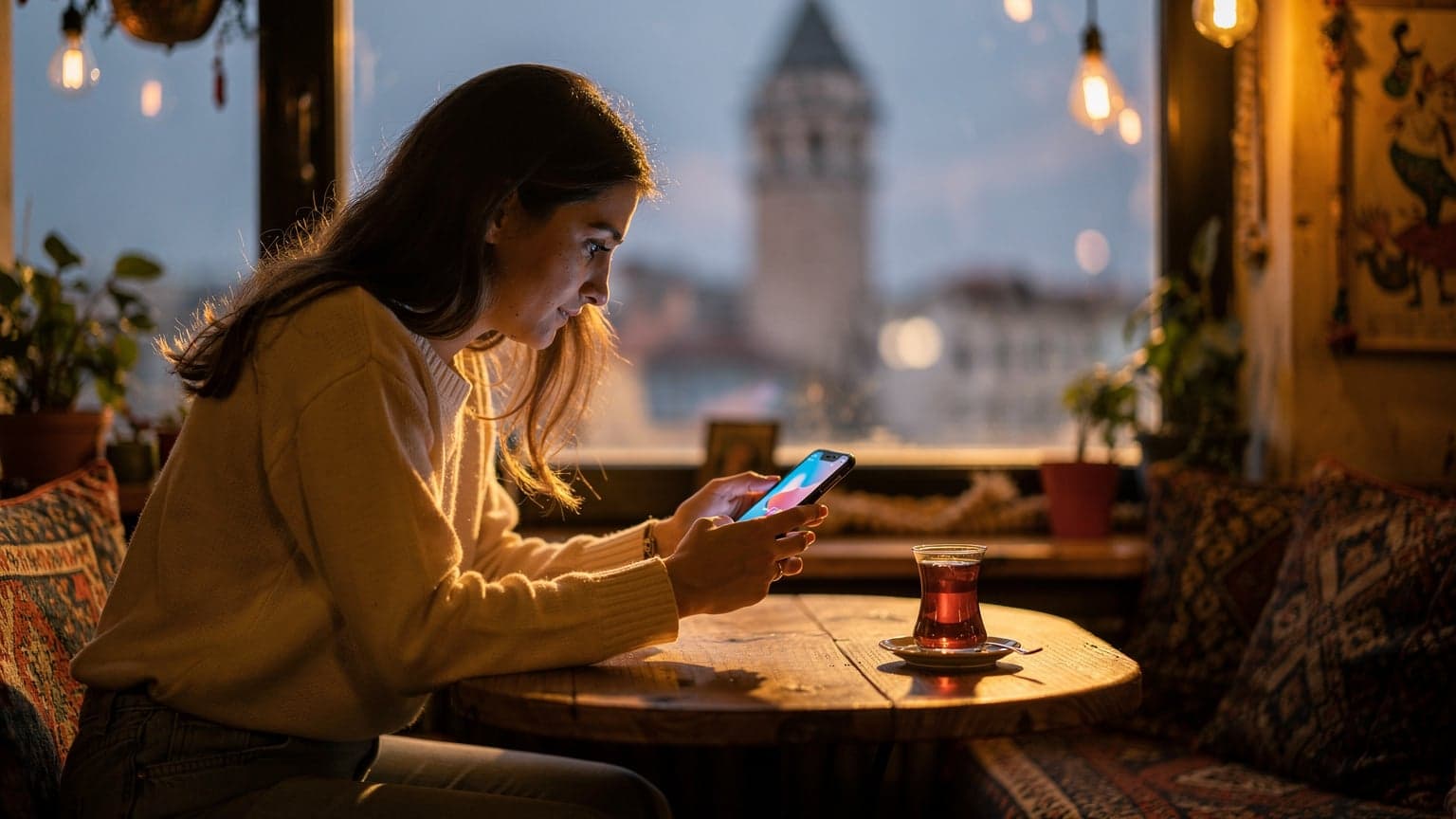 İstanbul'un Karaköy semtinde, bir kafenin penceresinden içeri sızan altın rengi günbatımı ışığı altında, elinde akıllı telefonuyla Cellesim uygulamasına göz atan genç bir kadın.