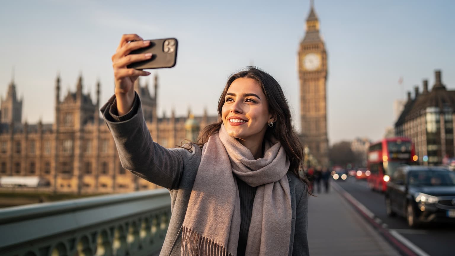 Una persona sorridente tiene in mano uno smartphone con il Big Ben visibile sullo sfondo, a Londra, in una giornata di sole.