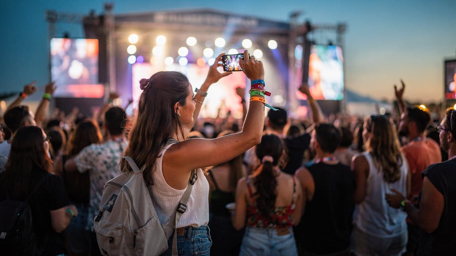 A young woman at a European music festival, holding her phone to capture a vibrant stage show at dusk, surrounded by a lively crowd.