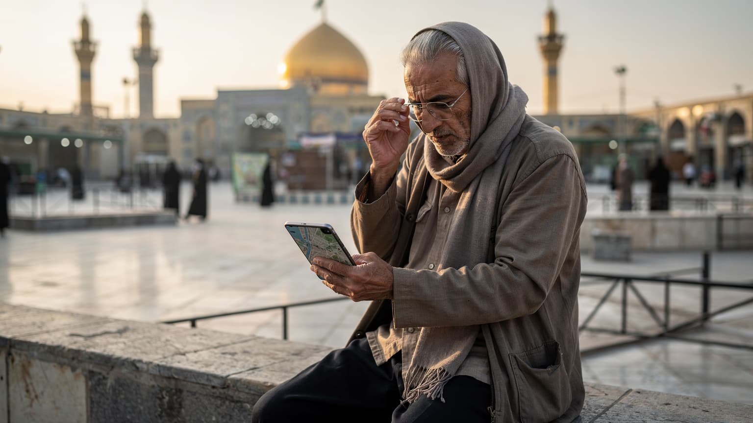 یک زائر مسن فارسیزبان در حال بررسی نقشه در گوشی خود، در پسزمینه حرم امام حسین (ع) در کربلا، در یک صبح آرام.