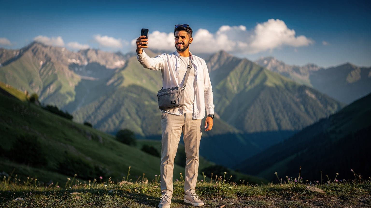 شاب خليجي يرتدي ملابس خفيفة ويحمل حقيبة ظهر, يلتقط صورة سيلفي بهاتفه الذكي أمام منظر طبيعي خلاب لجبال القوقاز الخضراء في جورجيا, مع سماء زرقاء صافية.