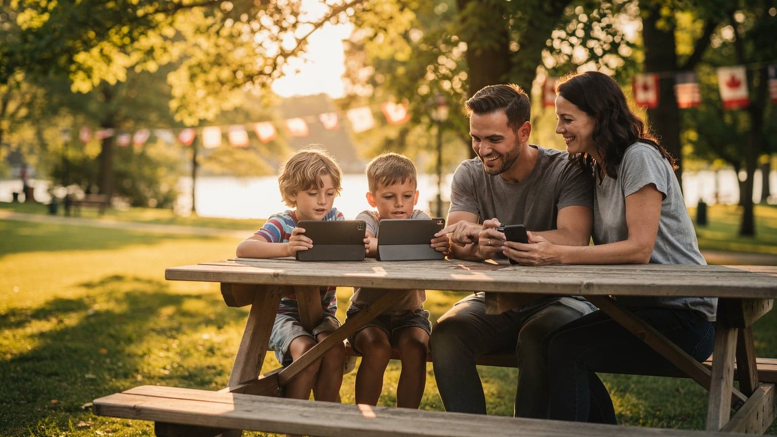 A family of four, parents and two children, sitting at a picnic table in a scenic park with Canadian and American flags subtly displayed in the background, all looking at their phones and tablets, happily connected.