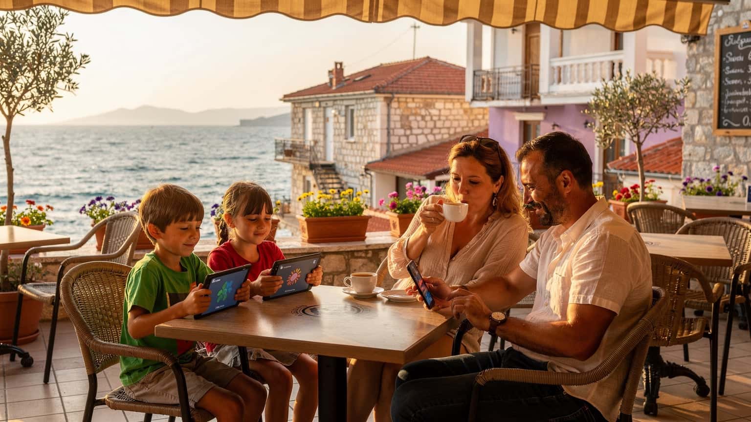 Eine Familie, bestehend aus Eltern und zwei Kindern im Alter von 8 und 11 Jahren, sitzt entspannt an einem Tisch im Freien eines Cafés in Saranda, Albanien, mit Blick auf das Ionische Meer. Die Kinder schauen auf ihre Tablets, während die Eltern Kaffee trinken. Der Vater hält ein Smartphone mit einer geöffneten Karten-App in der Hand.