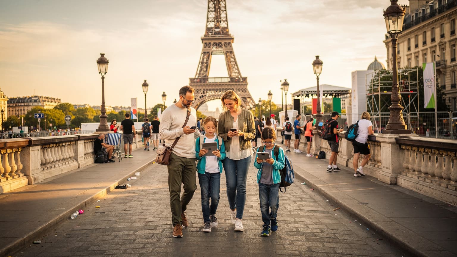 Une famille avec deux enfants, un iPad à la main, naviguant dans la foule des Jeux Olympiques de Paris 2026 avec la Tour Eiffel en arrière-plan, en fin d'après-midi.