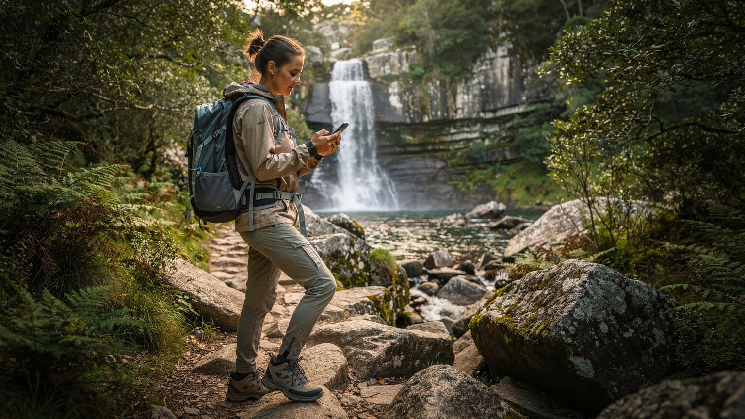 Uma mulher com mochila de caminhada e um iPhone 18 na mão, verificando o mapa digital com um sorriso, em uma trilha exuberante e rochosa no Parque Nacional da Peneda-Gerês, com uma cascata ao fundo.