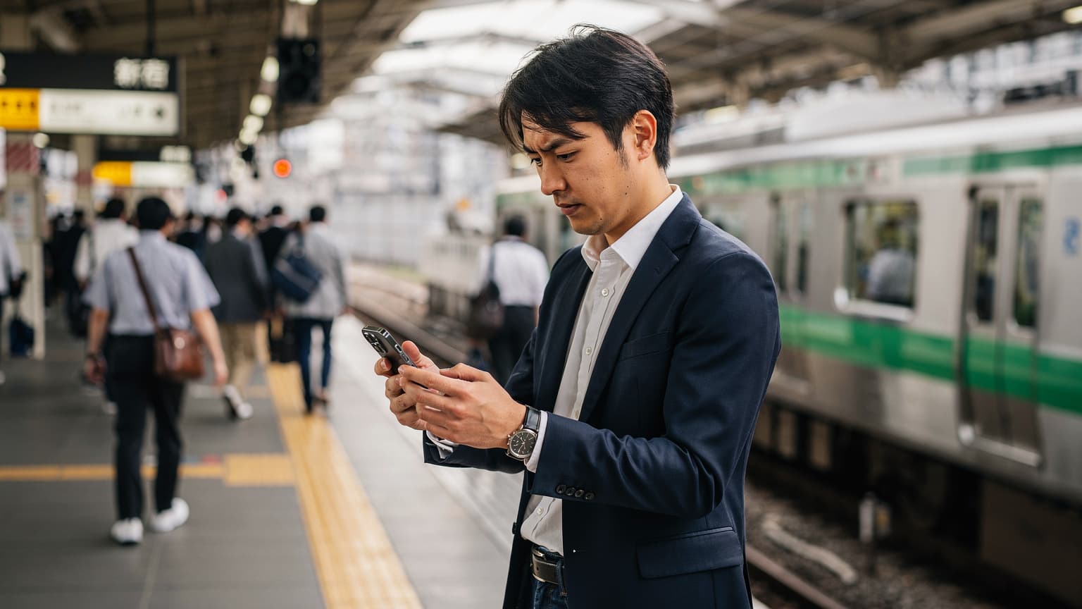 東京の新宿駅のホームで、iPhone 18を使ってeSIM設定を確認している若い日本人男性のクローズアップショット。