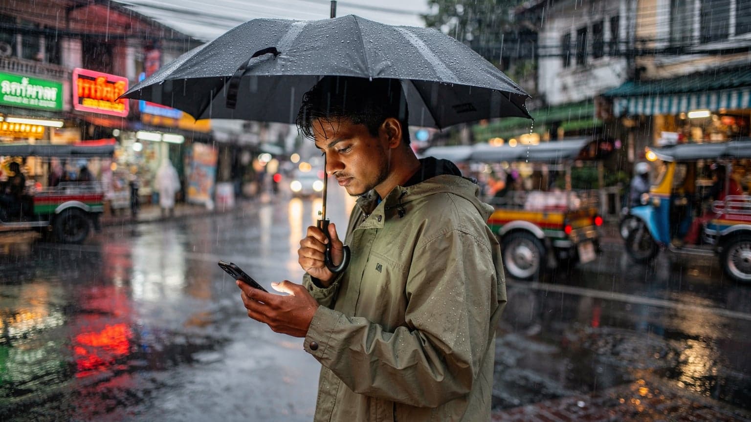 एक भारतीय यात्री एक छाते के नीचे अपने स्मार्टफोन पर eSIM प्रोफाइल एक्टिवेट कर रहा है, जिसके बैकग्राउंड में बैंकॉक की बारिश से भीगी एक व्यस्त सड़क दिख रही है।