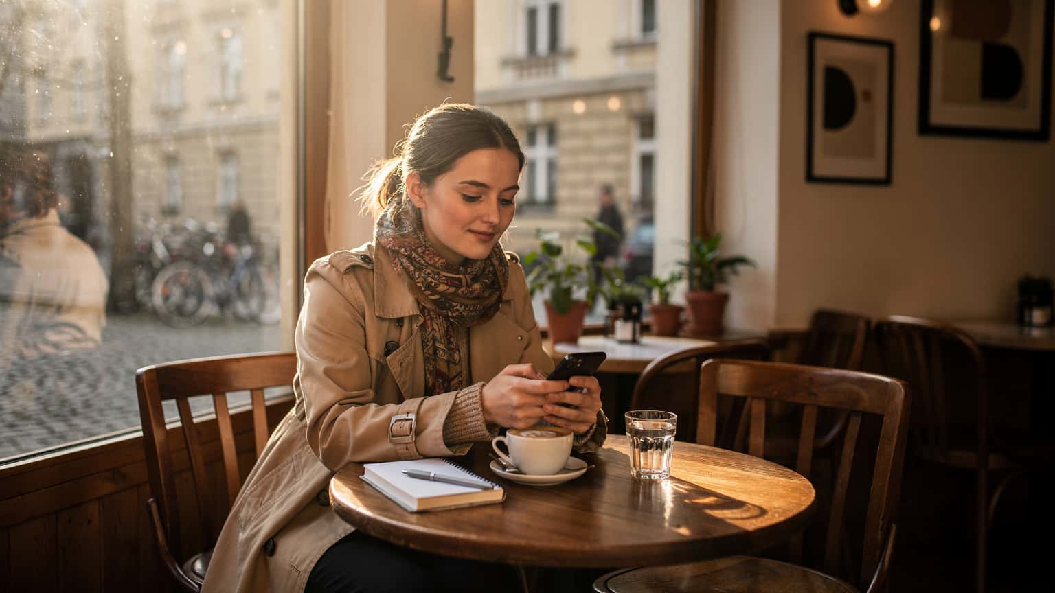 Eine junge Frau sitzt entspannt an einem Fenster in einem Berliner Café im Stadtteil Prenzlauer Berg, schaut auf ihr Smartphone und genießt einen Kaffee, mit der geschäftigen Straße im Hintergrund.