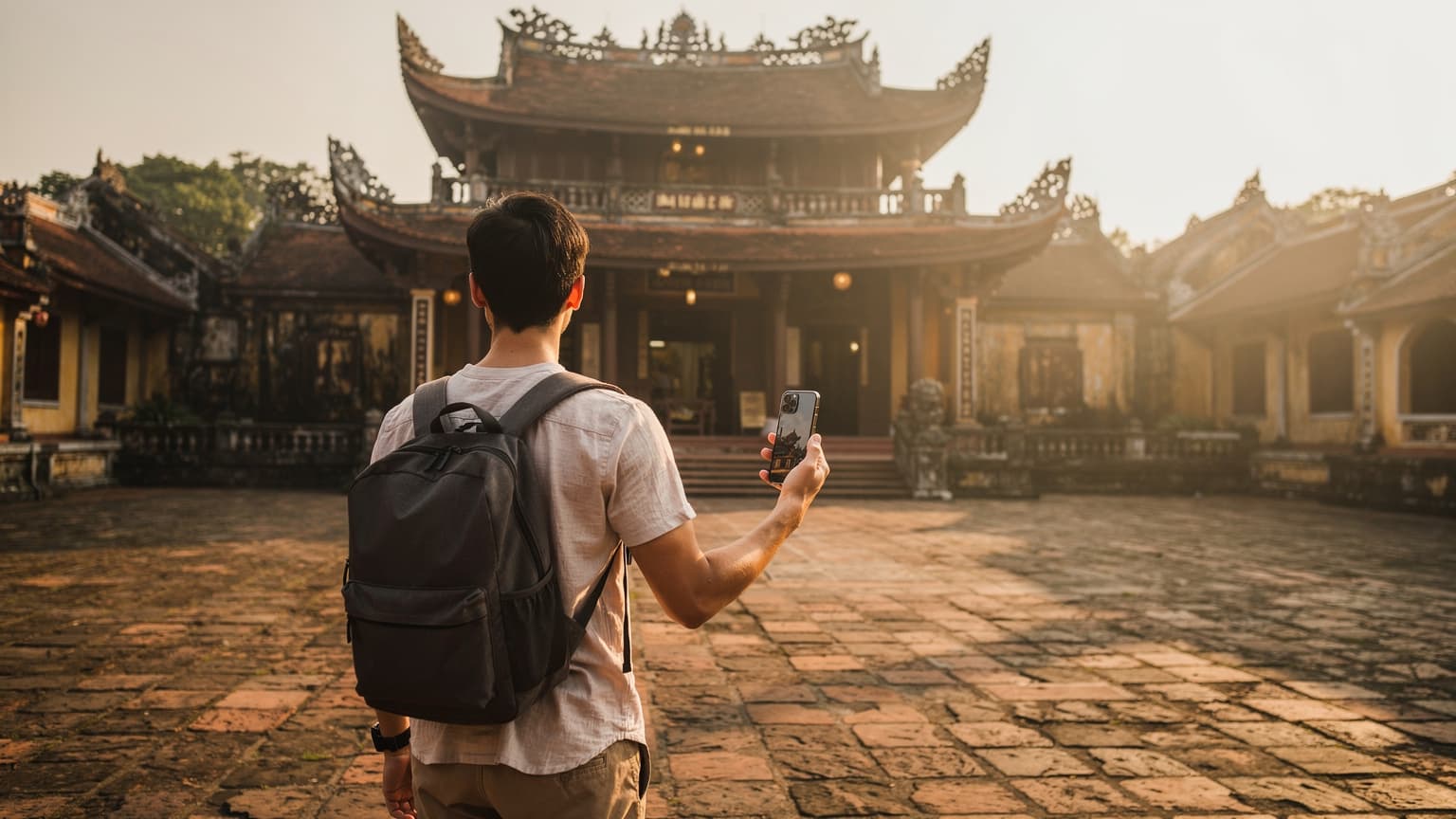 A cinematic, photorealistic image of a traveler holding a smartphone, admiring a grand Vietnamese historical site during golden hour, for a travel and tech magazine.