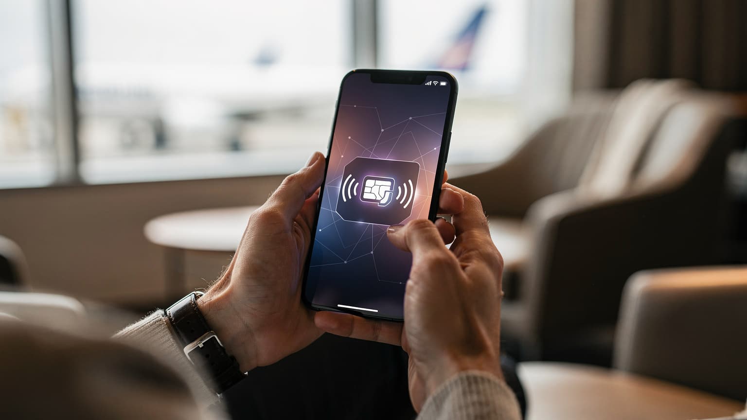 A close-up, photorealistic image of a sleek smartphone in a traveler's hands, set in a modern airport or travel lounge. The screen displays an abstract graphic representing a strong network connection, symbolizing seamless eSIM activation and pre-travel connectivity. The background is blurred, suggesting a travel destination. The image conveys modern travel technology and ease.