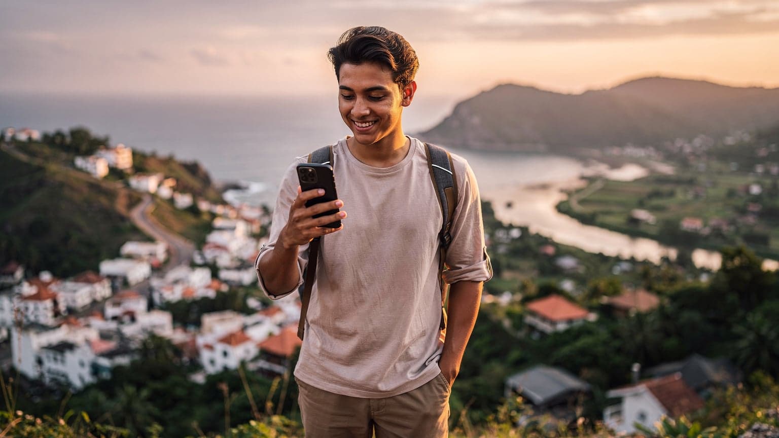 A traveler looks relieved while using a smartphone at a scenic travel destination, suggesting easy internet access for a spontaneous trip.