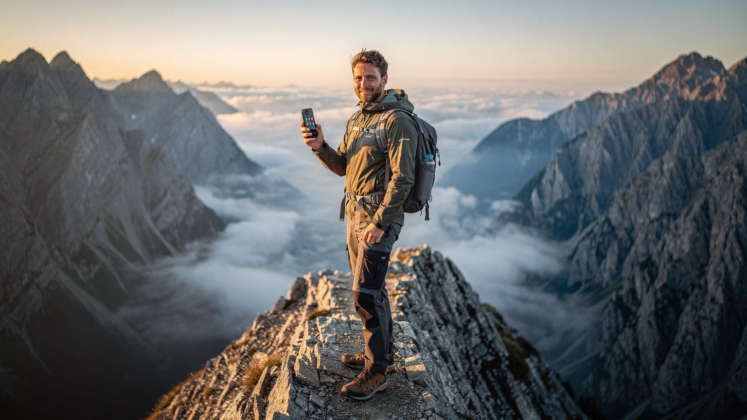 A modern adventurer stands on a mountain ridge at dawn, looking at a smartphone with satisfaction, representing easy and fast internet connectivity for travel. The background features a vast, misty mountain landscape.