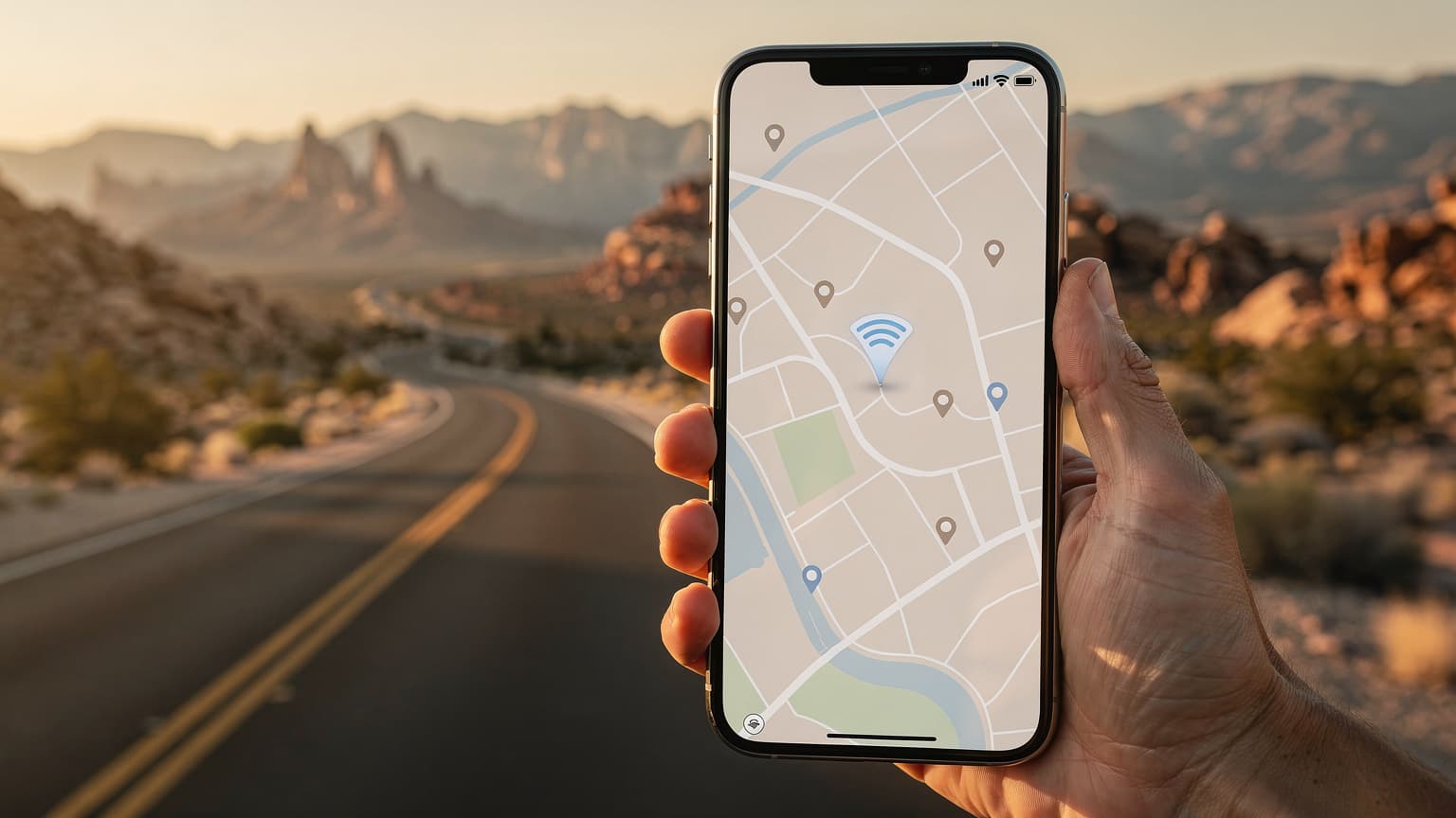 A close-up of a hand holding a smartphone showing a map or signal icon, with a sweeping view of an American desert highway at sunset in the background, conveying travel and connectivity.