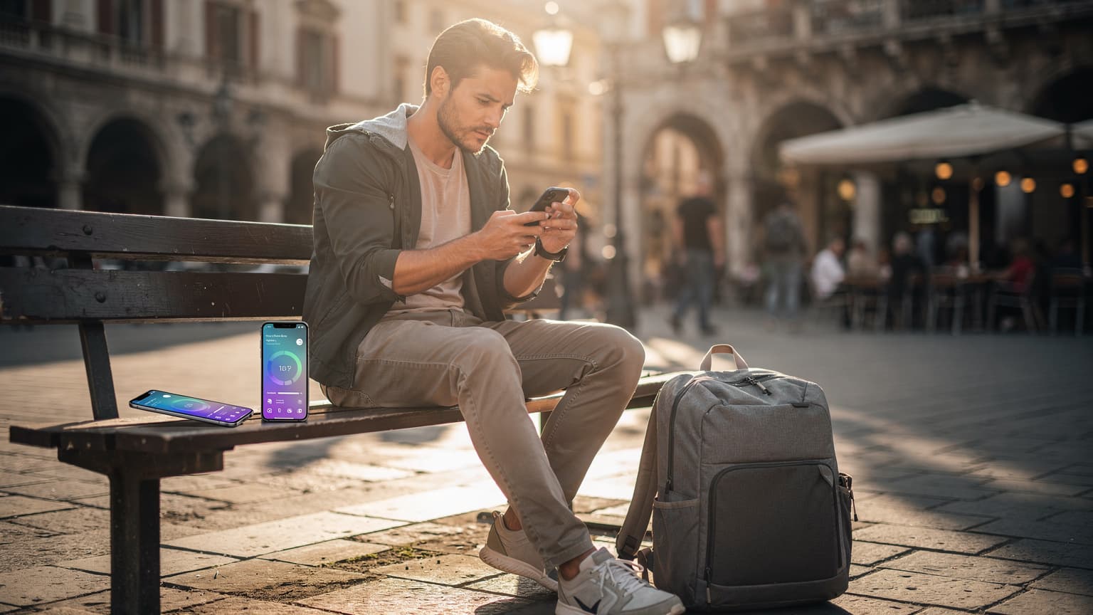 Photorealistic editorial image of a smart backpacker comparing data plans on two smartphones in a sunlit European city square, symbolizing efficient travel tech choices.