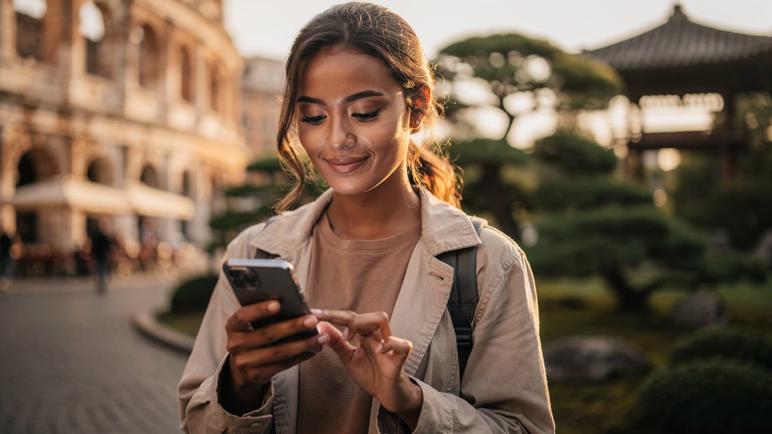 A contented traveler uses a smartphone in a blurred international city background, symbolizing easy global connectivity and peace of mind.