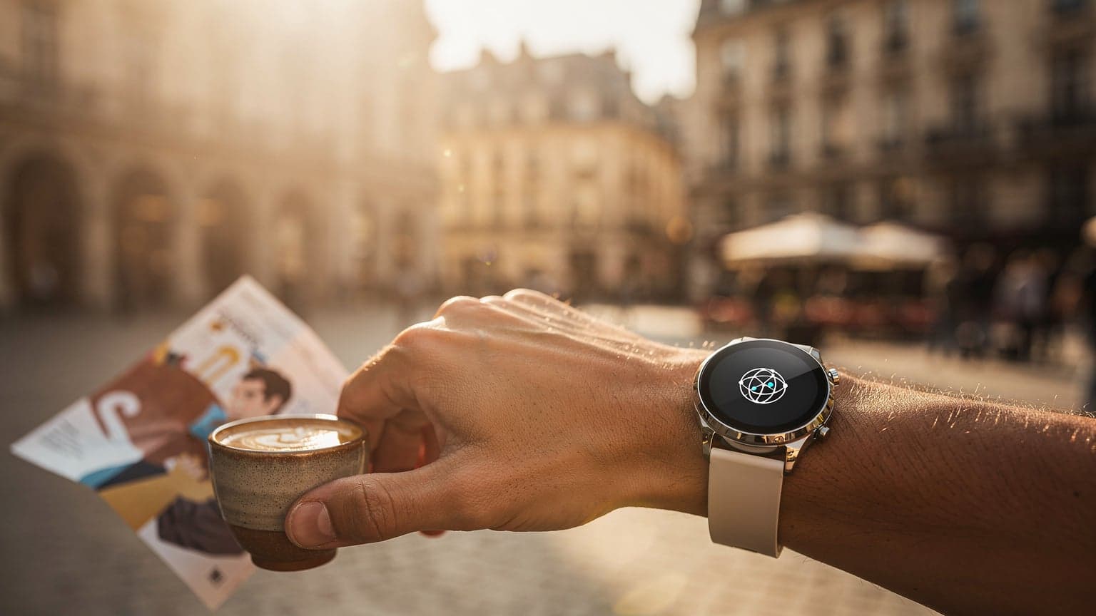 Close-up of a modern smartwatch on a traveler's wrist, displaying a network connection, with a blurred, sunlit European city street in the background, illustrating seamless global connectivity without an iPhone.