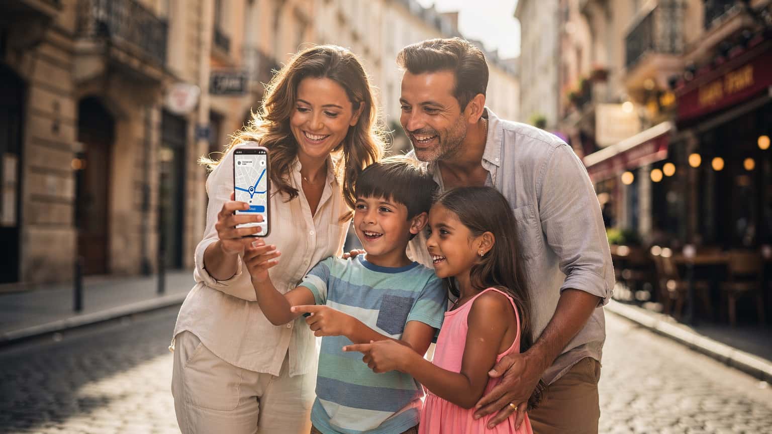 An editorial image of a family on a European vacation, using a smartphone for navigation or planning, highlighting the ease of travel with modern connectivity like eSIM.