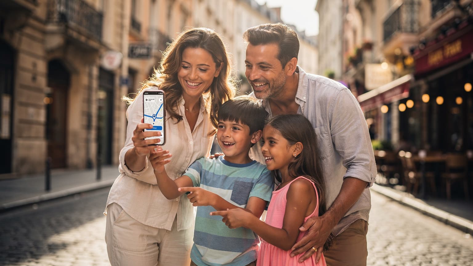 An editorial image of a family on a European vacation, using a smartphone for navigation or planning, highlighting the ease of travel with modern connectivity like eSIM.