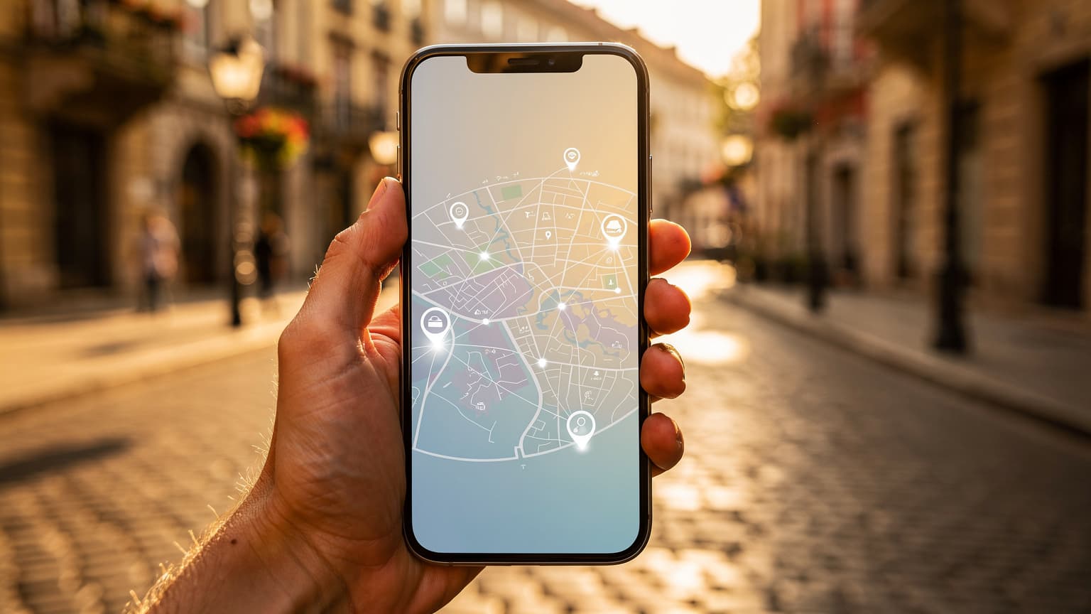 A person holds a modern smartphone with a blurred, sunlit foreign city street in the background, symbolizing global connectivity for travel.