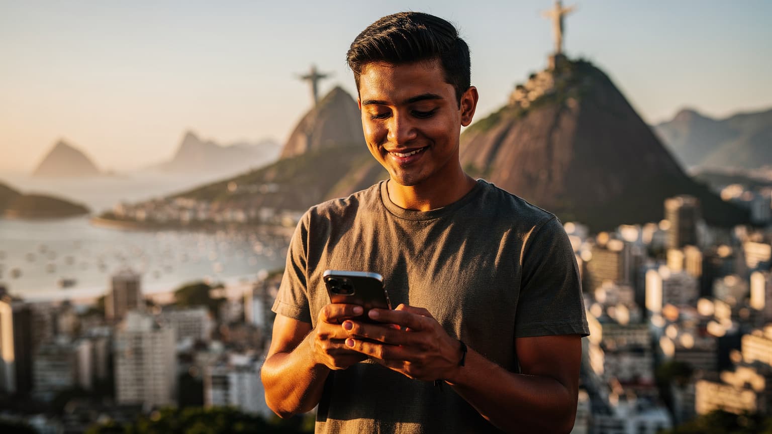 A person holding a smartphone in a vibrant Brazilian city, such as Rio de Janeiro or São Paulo, with iconic landmarks in the background, symbolizing modern travel and easy connection.