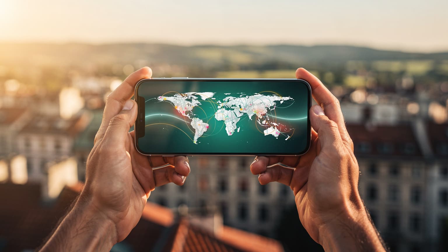 A person's hands holding a smartphone with a subtle glow on its screen, set against a blurred, sunlit backdrop of an international travel destination, symbolizing global data connectivity and eSIM technology for modern travel.