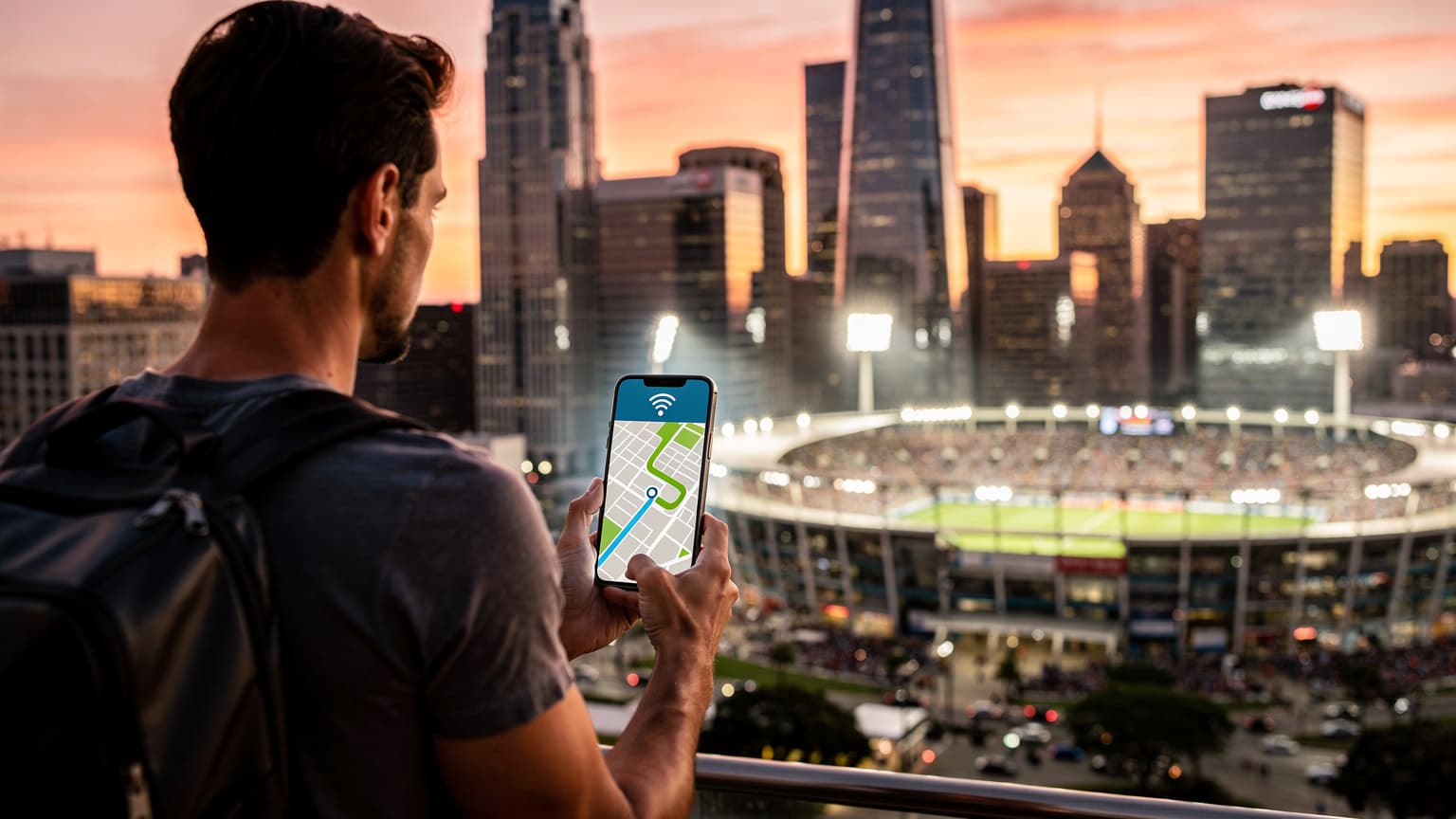 A person holding a smartphone, looking towards a vibrant American city skyline and a large soccer stadium at sunset. The image represents modern travel, technology, and international sports events in the USA.