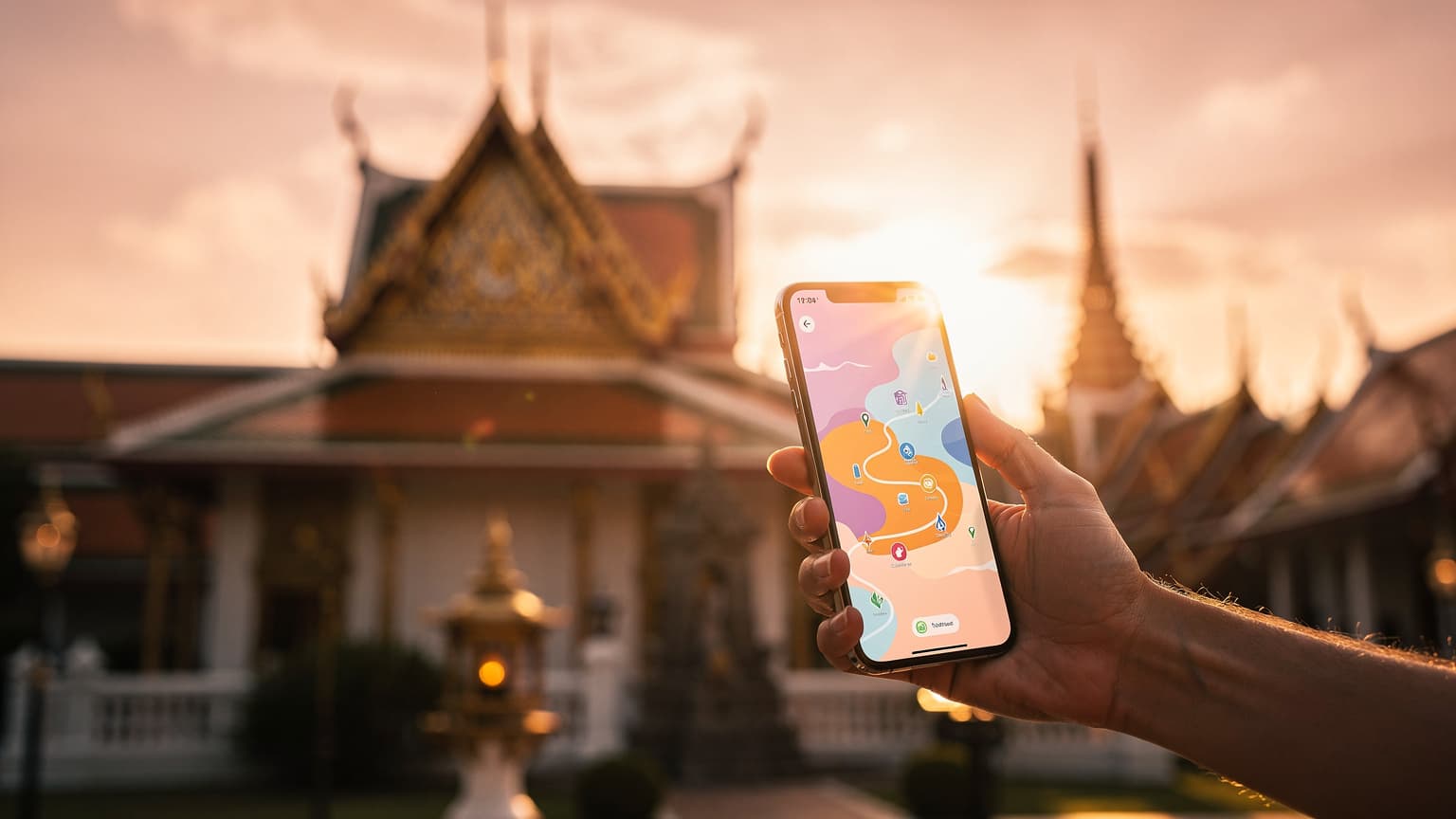 A close-up of a hand holding a smartphone with a travel app, set against a softly blurred background of a traditional Thai temple, conveying ease of travel and digital connectivity.