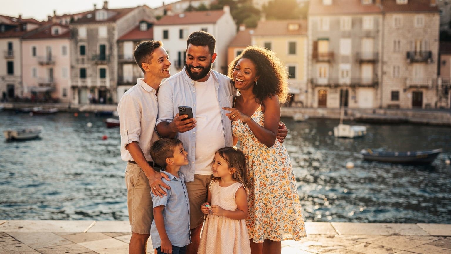 A happy family on a summer holiday in a European coastal town, with a parent subtly holding a smartphone, symbolizing stress-free connection through eSIM. The scene is vibrant and relaxing.